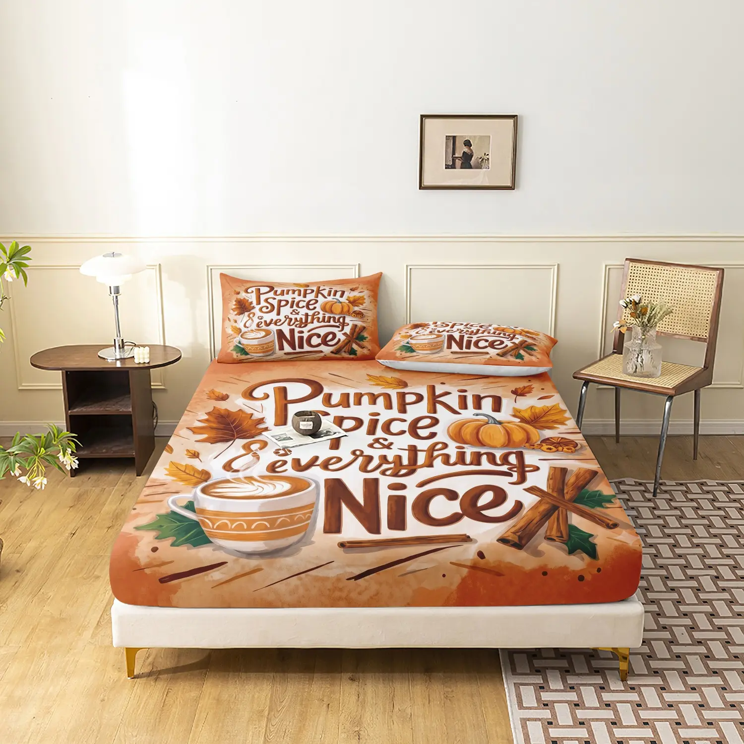 3 Pieces Orange Pumpkin Spice & Everything Nice Print Fitted Sheet Set, Maple Leaf Latte Cinnamon Pumpkin Letter Print Bedding, Soft Microfiber Harvest Thanksgiving Farmhouse Aesthetic Bedding Decor (1 Fitted Sheet + 2 Pillowcases, No Pillow)