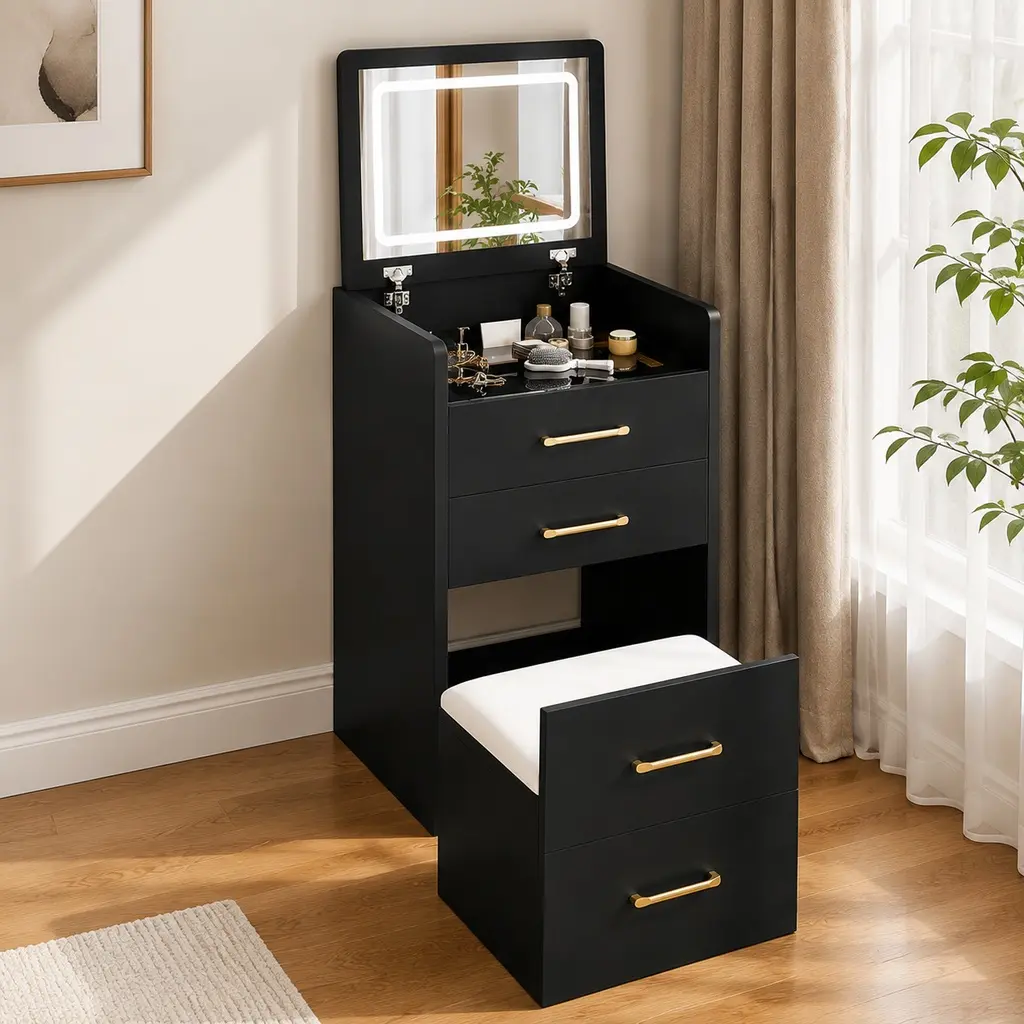 ARCH 3-in-1 Compact Makeup Vanity Desk with Mirror - Glass Desktop, 3 Drawers, Cushioned Stool, MDF, Black, Jewelry Organizer, Storage, 15.75" W X 19.69" D X 50.39" H, 62.83 lb, Assembly Required for Bedroom, Corner