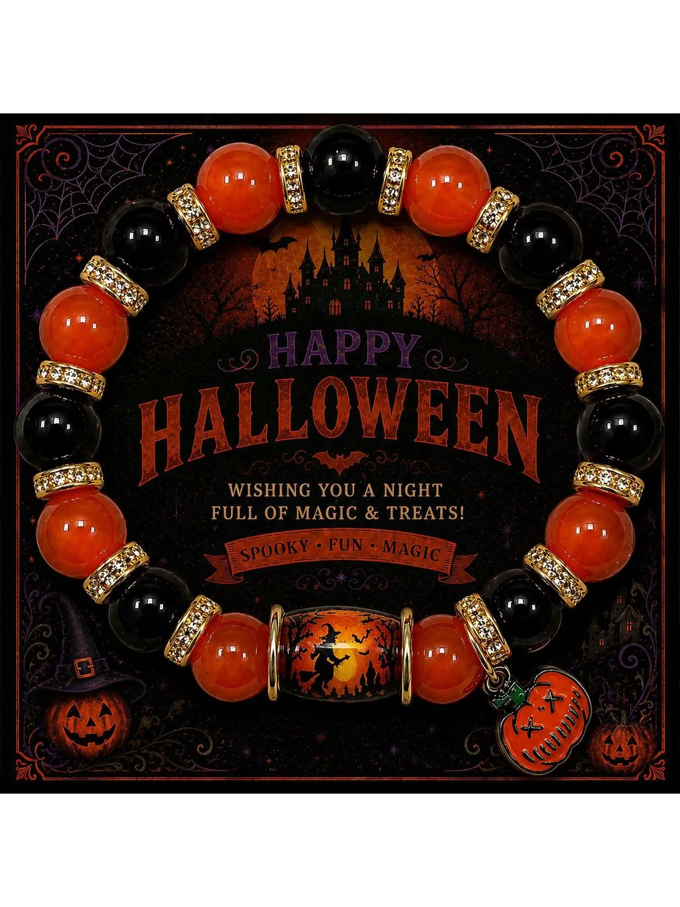 Halloween Spooky Beaded Bracelet for Women Orange Black Pumpkin Witch Charm Rhinestone Gold Tone Party Jewelry Gift