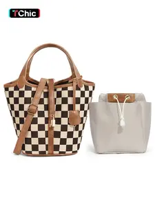 Women's Plaid Checkered Crossbody Bag, Polyester Bucket Bag for Women, Vegetable Basket Shape Satchel with Top Handle Bags - Stylish, Multi-Functional, Lightweight And Casual Adjustable Purse Handbags to Shopping bag and Holidays Gift, Suitable For Work