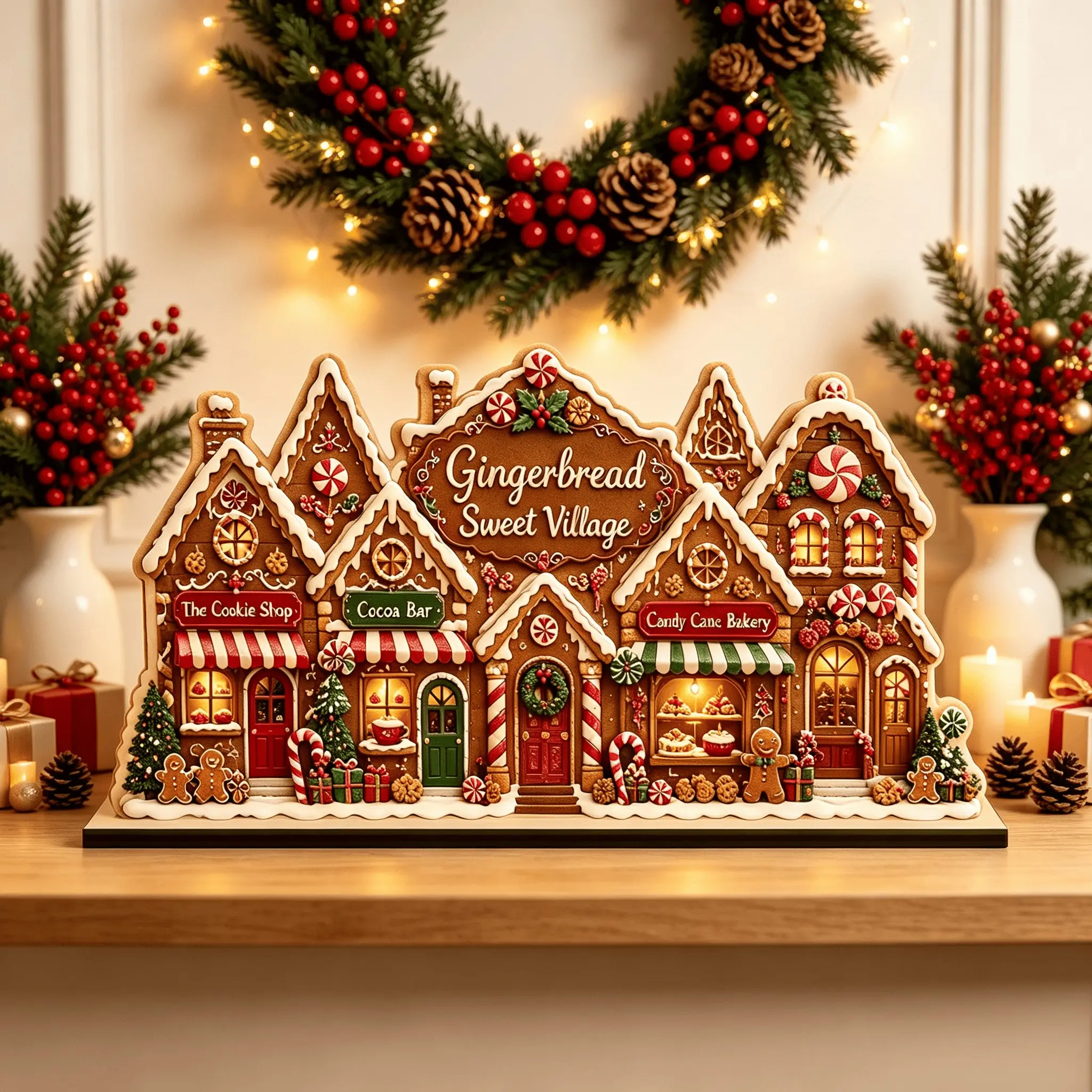Christmas Gingerbread Village Wooden Desktop Decor, Holiday Fireplace Shelf Centerpiece, Winter Home Decoration, Festive Christmas Ornament