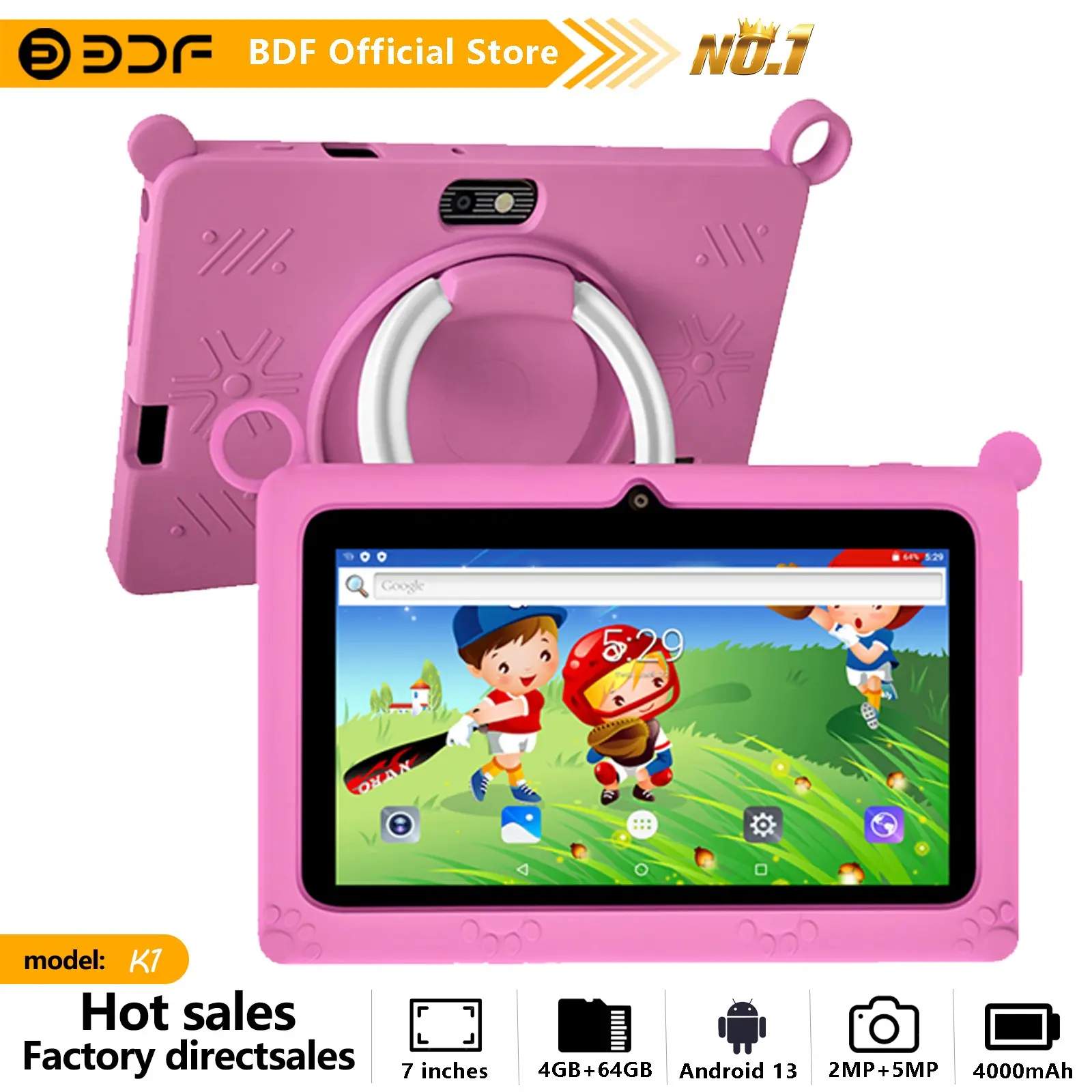 Bdf 7-Inch Android 13 Tablet with Education Software, USB Charging, Quad-Core Processor, 4GB RAM, HD IPS Display, 64GB Storage, 4000mah Battery, Android Learning Tablet