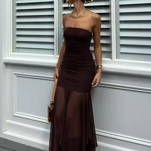 Women's Solid Ruched Strapless Tube Dress, Fashionable Bodycon Fit Dress for Party Club Dating Evening Wear, Ladies Clothes for All Seasons