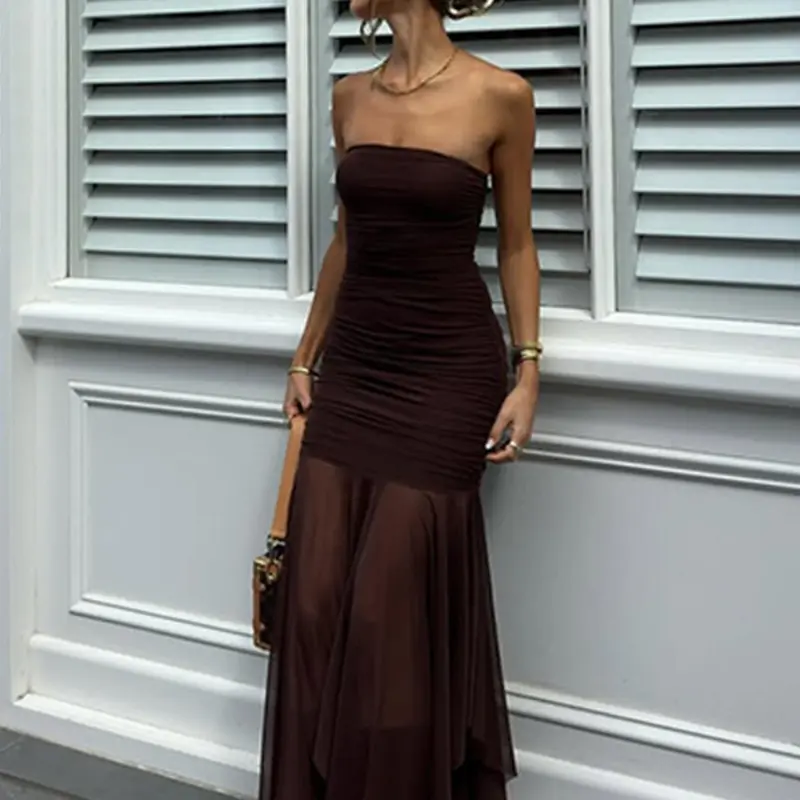 Women's Solid Ruched Strapless Tube Dress, Fashionable Bodycon Fit Dress for Party Club Dating Evening Wear, Ladies Clothes for All Seasons
