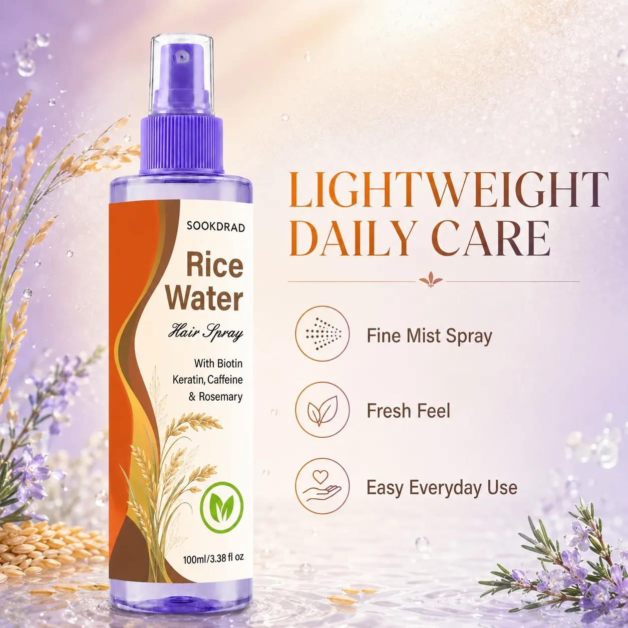 Rice Water Hair Spray, with Biotin, Keratin, Caffeine, Rosemary, hair care, for hair, for all users, daily use hair spray, 100ml/3.38 fl oz