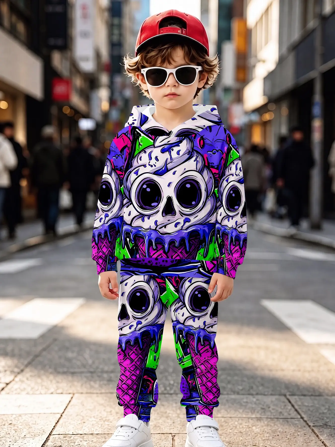 Boys' Creative Skull Ice Cream Full Print Set, Long Sleeve Loose-Fit Sweatpants, Casual Fall & Winter, All over Print Design