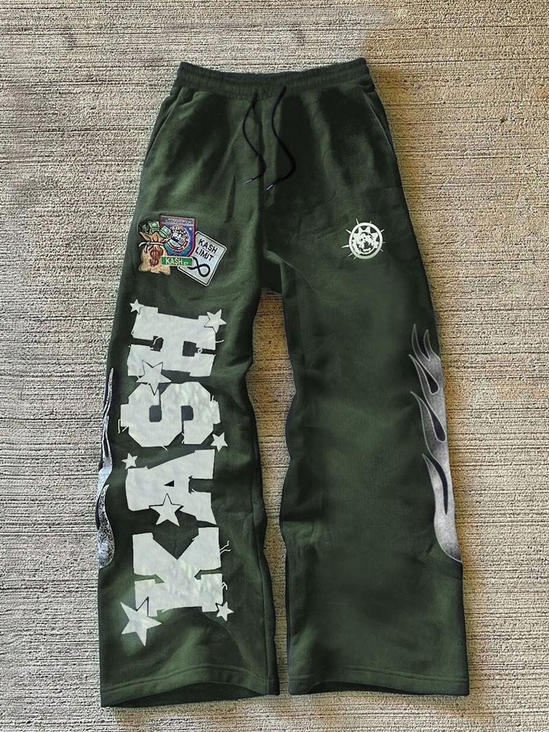 Trendy Black Fleece - lined Sweatpants with "KASH" Lettering, Star and Flame Graphics, Ideal for Street - style and Hip - hop Wear, Trending on TikTok #Sweatpants #StreetFashion #TikTokTrend, Sports Casual Pants