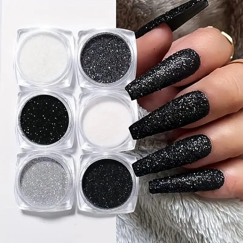 6Jars Nail High Quality Glitter Powder Black White Sliver Matte Fine Glitter Sugar Dust Sugar Powder Starry Sky Powder, Iridescent Candy Coat Nails Sweater Design Manicure Decorations for DIY Manicure, Crafts, Salon Nail Design, Daily Wear & Party Styling