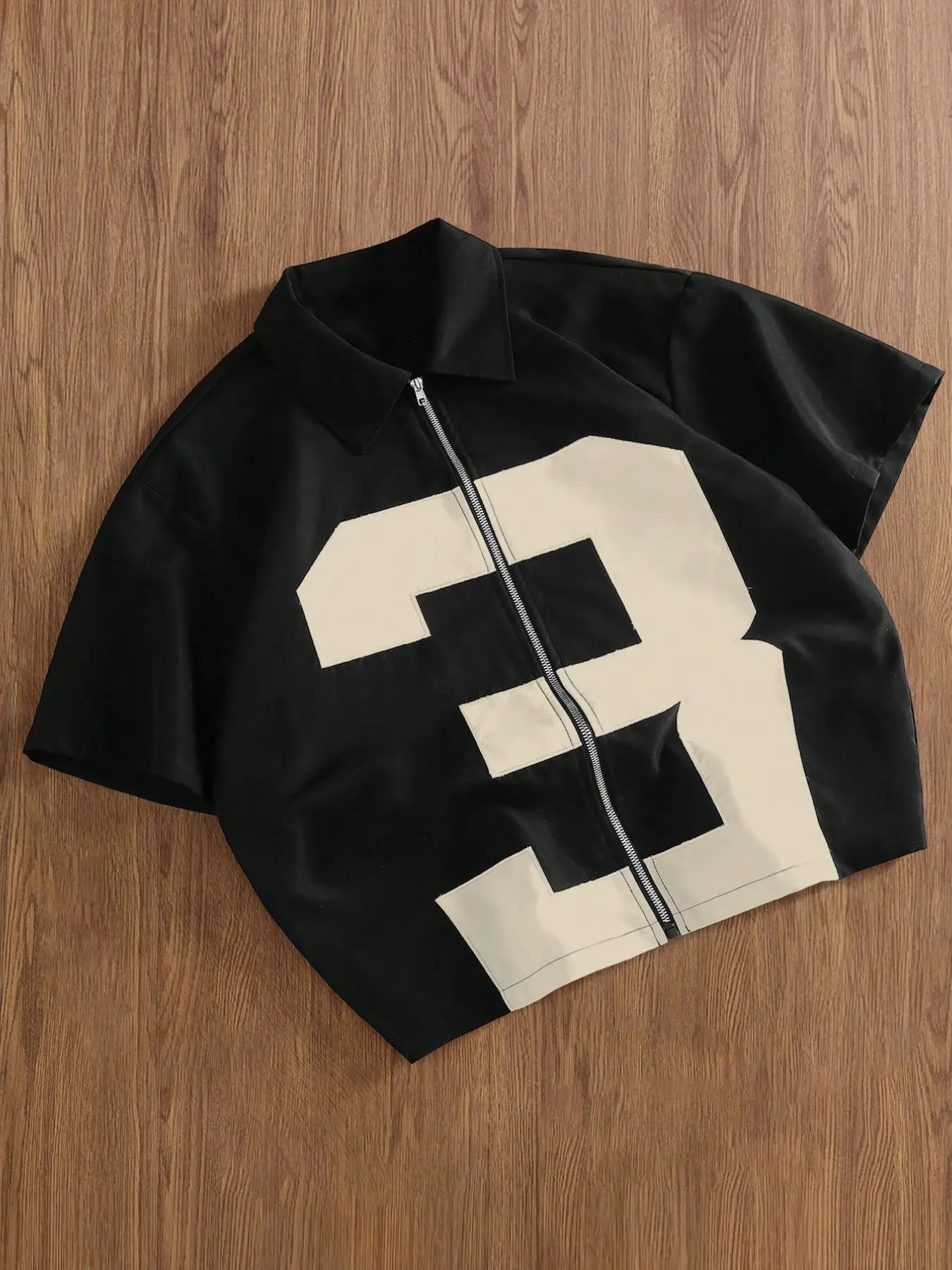 Men Hip Hop Vintage Varsity Short Sleeve Cropped Jacket, Front Zip Point Collar Outerwear, Large Number 3 Color Block Print Crop Outer Top, Casual Street Outer Layer for Daily Street Party Summer Fashion Outfit