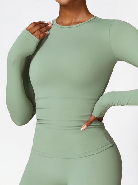 Women's Solid Long Sleeve Sports Tee, Sporty Round Neck T-shirt for Yoga Gym Workout Running, Ladies Sportswear for Spring & Fall, Gym Performance Top