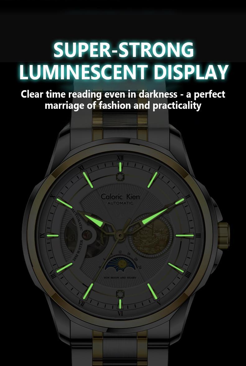 Caloric Kien Explorer Series Men's Automatic Skeleton Mechanical Watch Swiss Movement 42mm Dial Sapphire Crystal Stainless Steel Bracelet Waterproof Shockproof Luminous Luxury for Business Social Events Round Design