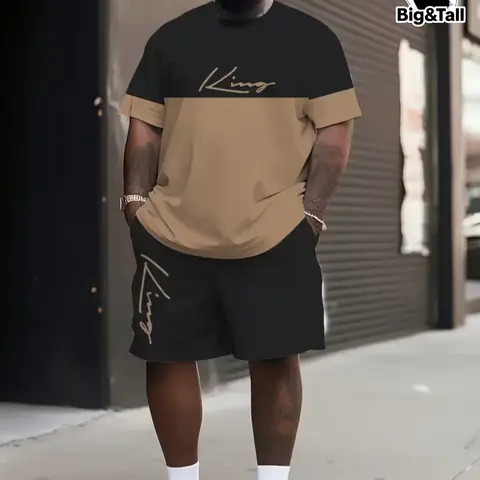 Men's Plus Size Colorblock King Graphic Print T-Shirt and Shorts Set, Loose Fit Outdoor Athletic Sportswear for Tall Men, Fashionable Menswear All Season