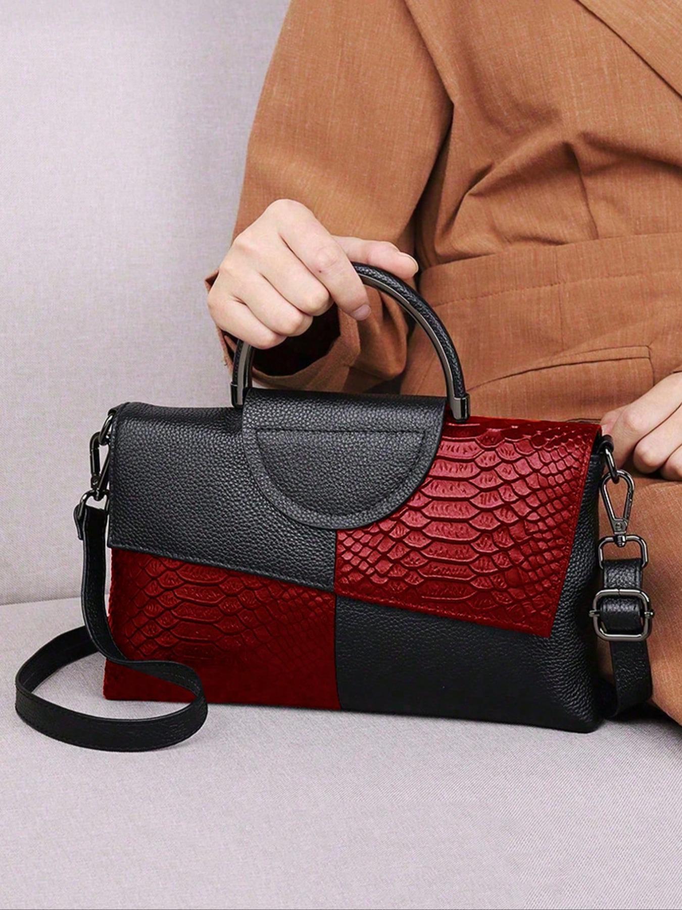 Women's Fashionable Colorblock Snakeskin Embossed Handbag, Elegant Shoulder Bag for Party, Trendy All-match Crossbody Bag for Daily Use, Flap Crossbody Purse