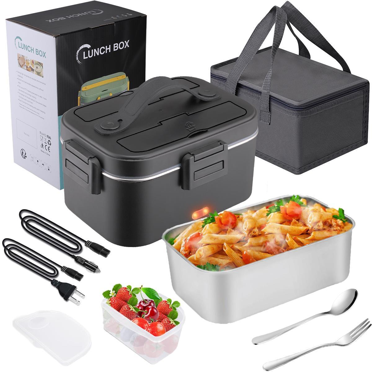 Nifogo Black Friday Electric Lunch Box Portable Food Heater for Adults 110V/12V/24V 1.8L 304 Stainless Steel with Fork Spoon & Bag Tableware Classic Black