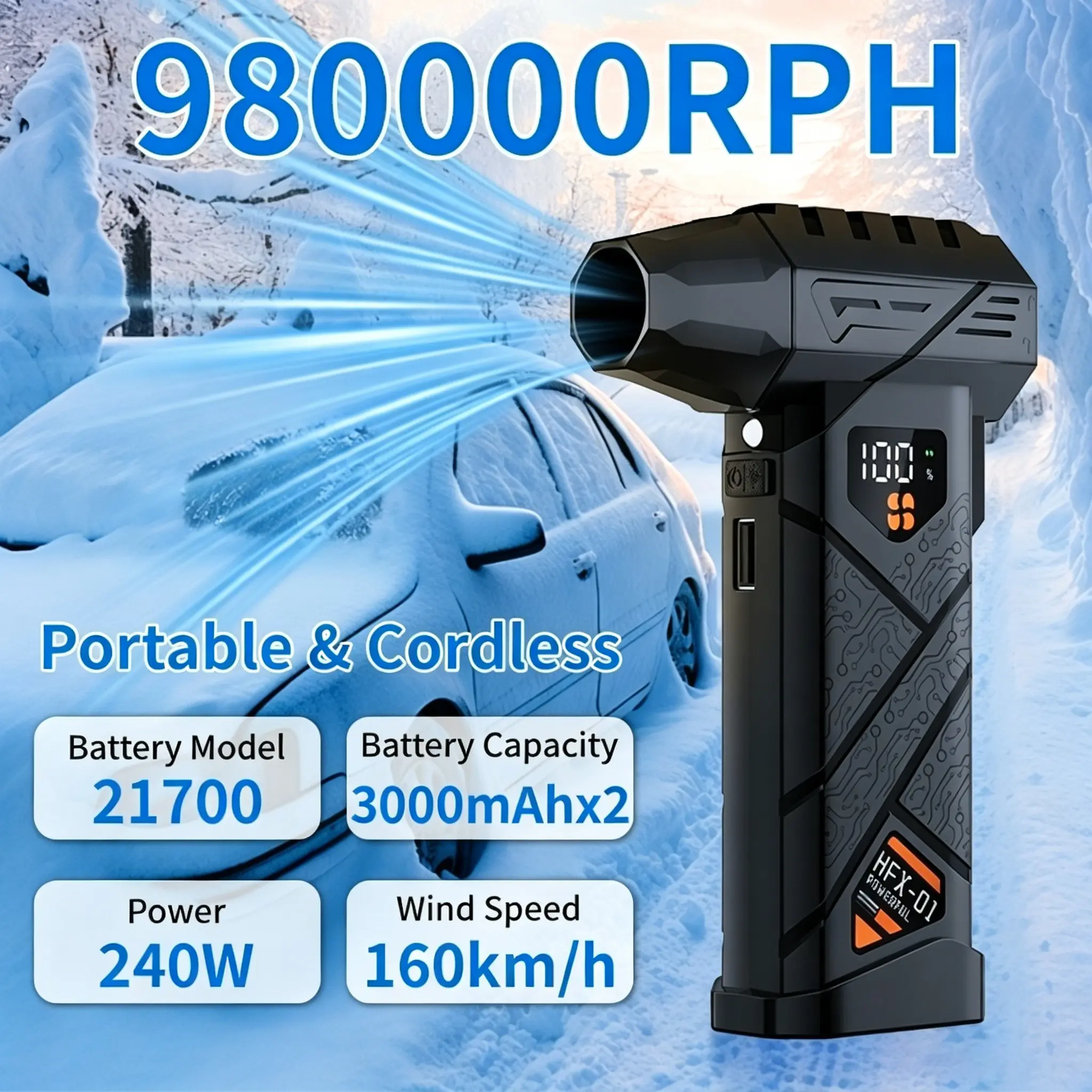 Portable Cordless Blower, 980000RPH Turbo Brushless Blower,240W 160km/h Cordless Cleaner,0-100 Stepless Speed & 4 Preset Gears,Built-in Power Bank with 21700 Dual Battery for Car Snow Removal PC Dust Pet Hair Camping Household Outdoor Cleaning