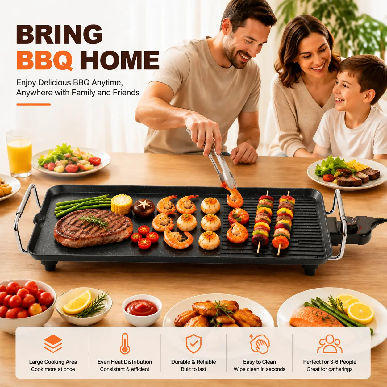 1500W Electric BBQ Griddle, Non-Stick Portable Table Top Grill for Indoor, Outdoor Camping Picnic Cooking - 4693