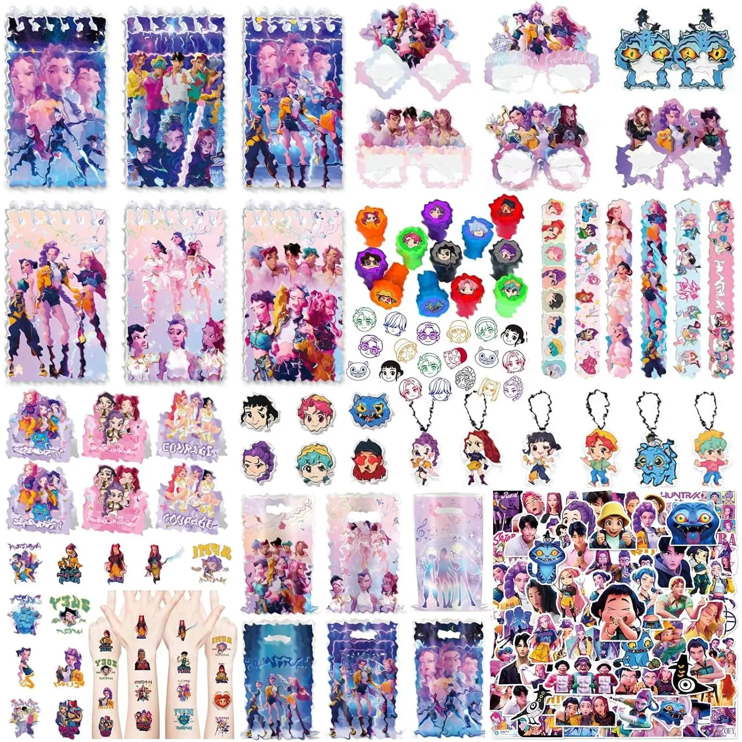 134 PCS K Pop Theme Birthday Party Favors, 6 Gift Bags 6 Notepads 6 Glasses 6 Brooch 6 Keychain 6 Slap Bracelets 20 Temporary Tattoos 60 Stickers 12 Stamp 6 Greeting Cards, Goodie Bags Set for Fans