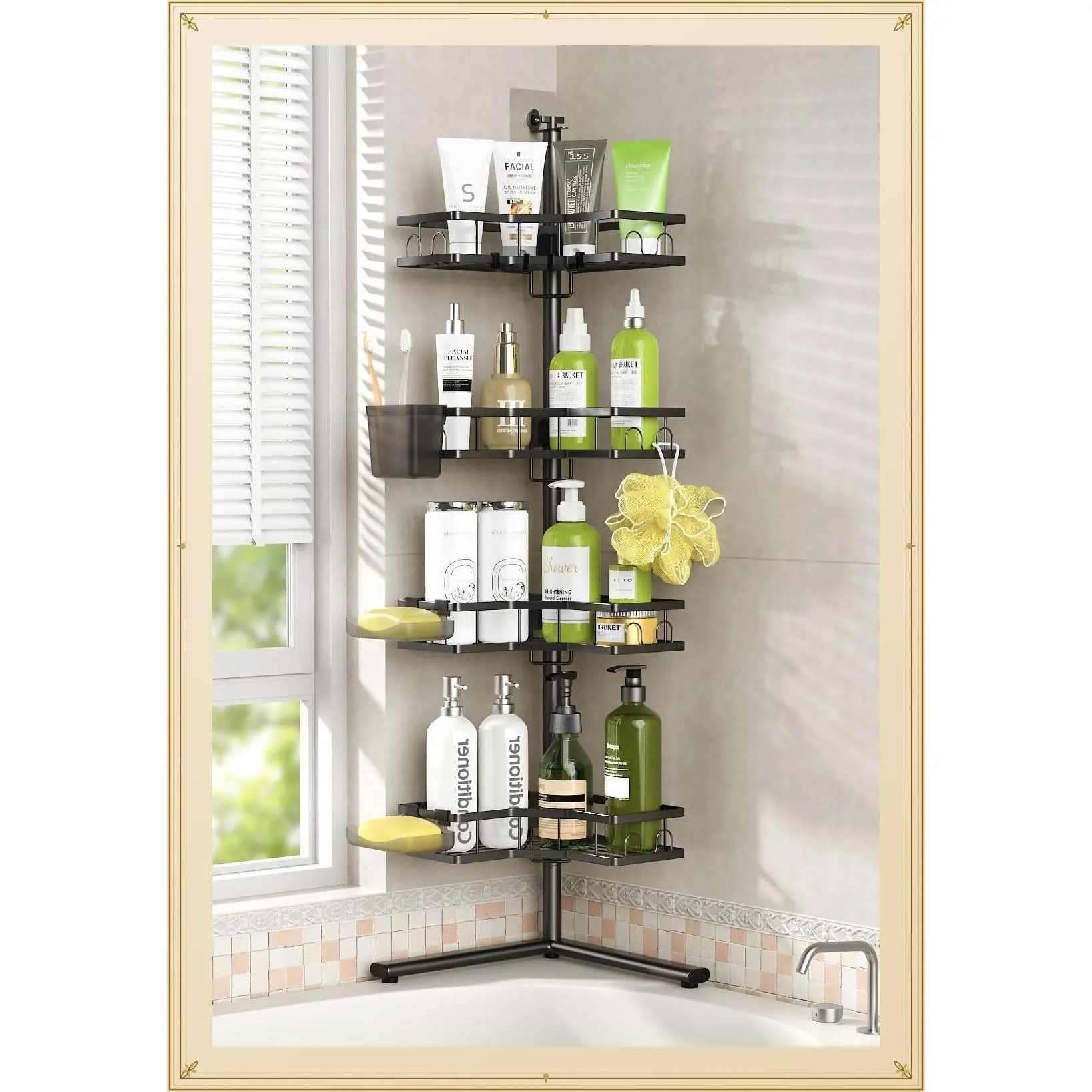 4-Tier Rustproof Standing Corner Shower Caddy, No-Drill Floor Shower Organizer with Adjustable Shelves for Tall Shampoo & Conditioner, Ideal for Renters, Apartments, Bathtubs & Walk-In ShowersGift