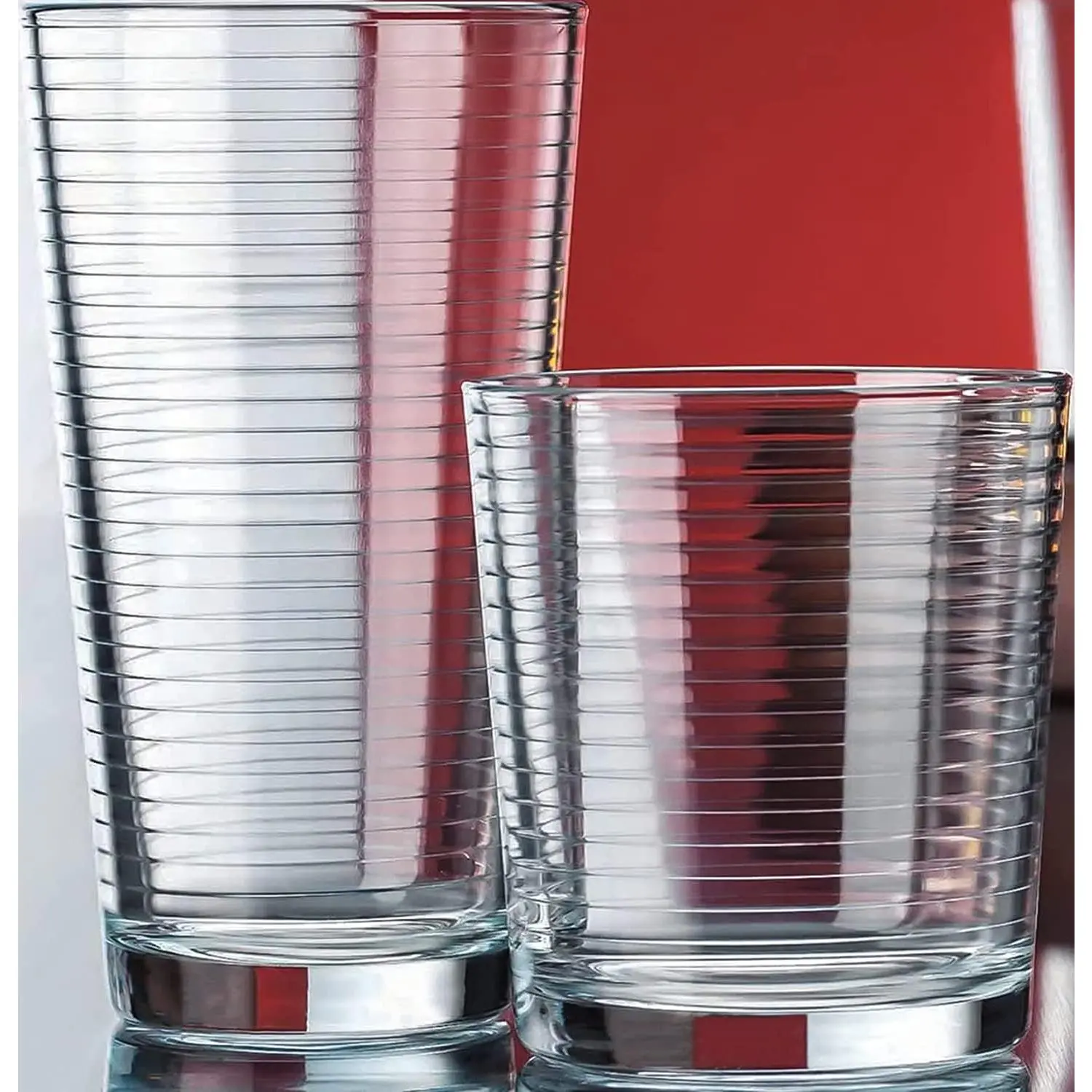 Set of 16 Heavy Base Ribbed Durable Drinking Glasses Includes 8 Cooler Glasses (17oz) and 8 Rocks Glasses (13oz), Clear Glass Cups - Elegant Glassware Set