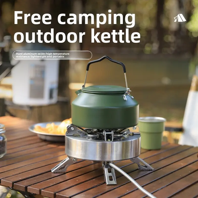 Portable Large-Capacity Aluminum Camping Kettle with Foldable Handle, High Temp Safe Camp Kitchen Utensil for Cooking Outdoors, 1.6L Teapot for Hiking Fishing Self-Driving Tours, Companion