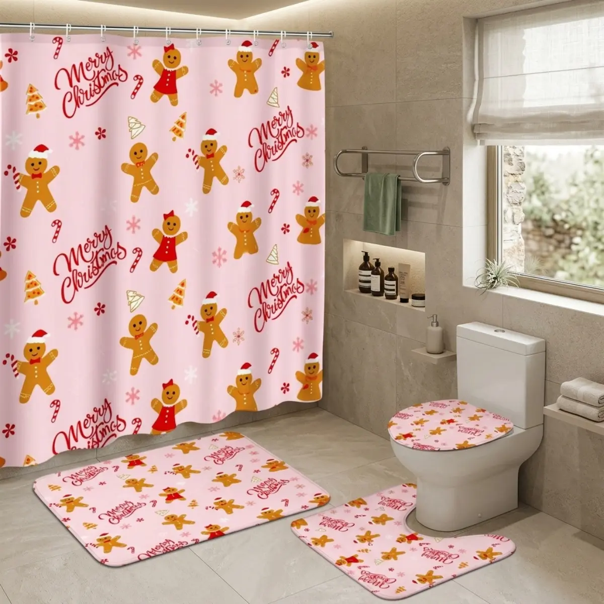 4pcs Gingerbread Cookie Christmas Bathroom Decor Set Shower Curtain with Merry Christmas Candy Cane Gingerbread Man Snowflake Holiday Pattern TikTok Shop Hot Sale