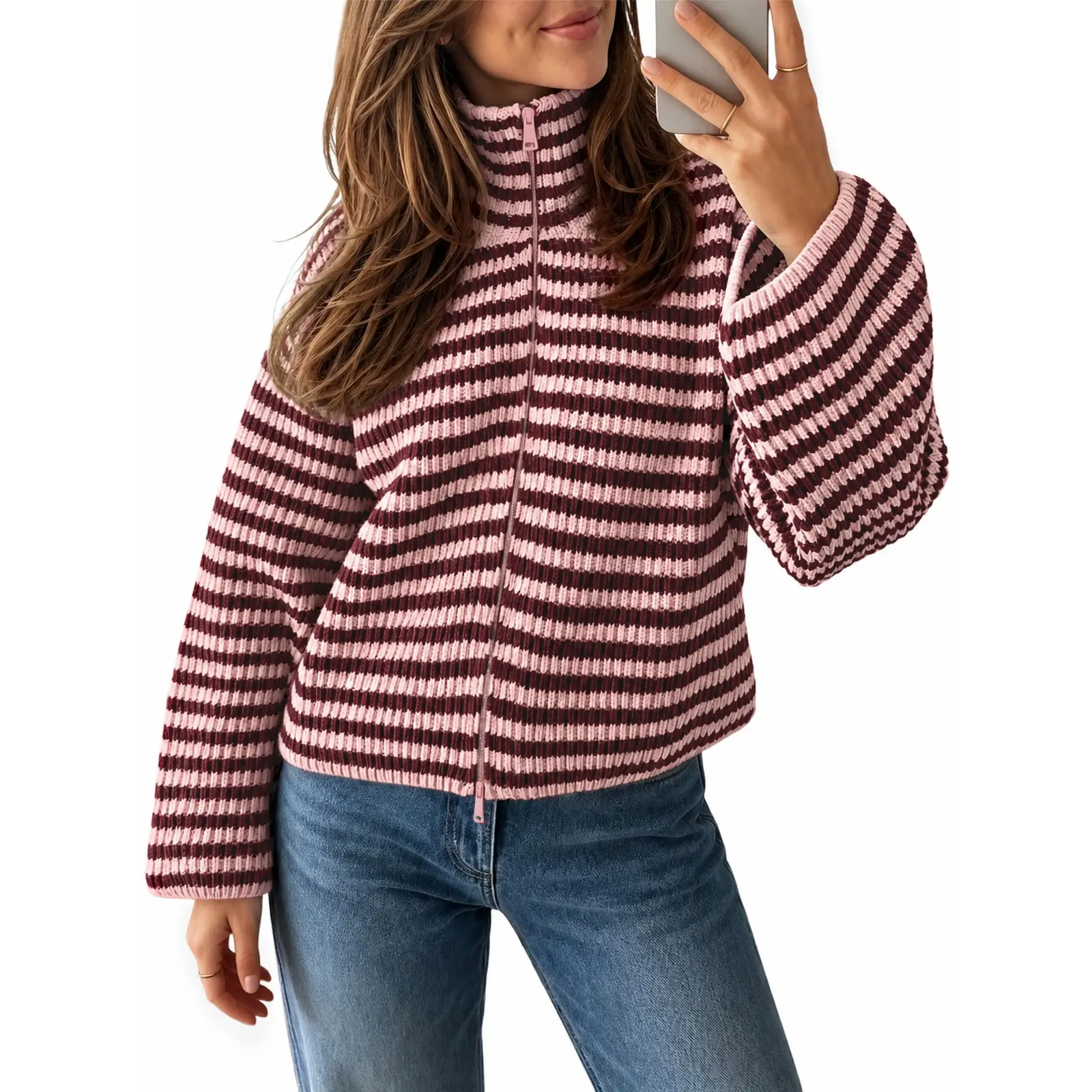 Saodimallsu Women's Striped Zip-Up Mock Neck Knitwear, 2026 Fall Trendy Casual Longsleeves Loose-Fit Knit Cardigan Tops