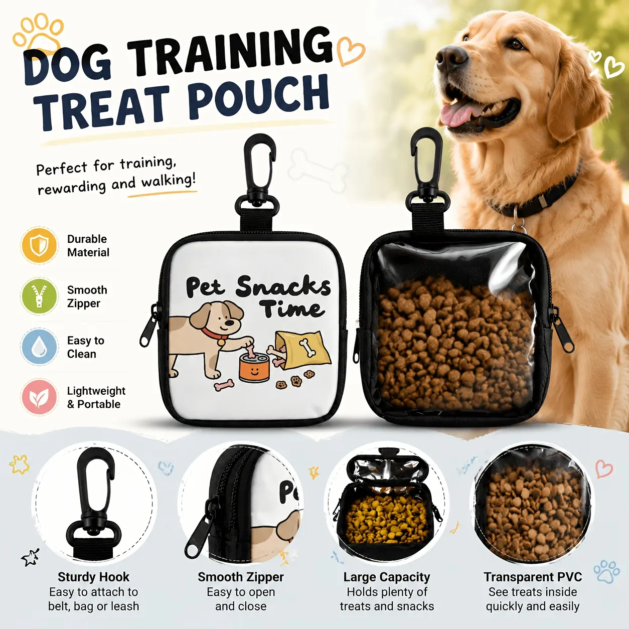 Portable Pet Snack Bag - Zipper Dog Snack Bag with Clip, Suitable for Training and Walking