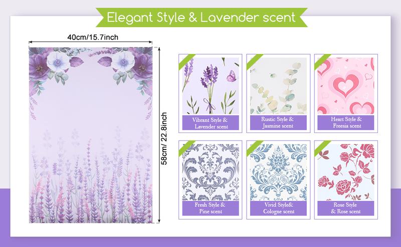 Lavender Scented Drawer Liners 24 Sheets for Dresser 15.7 x 22.8 Inch Non Adhesive Floral Print Fresh Style Kitchen Cabinet Shelf Closet Flower Aroma