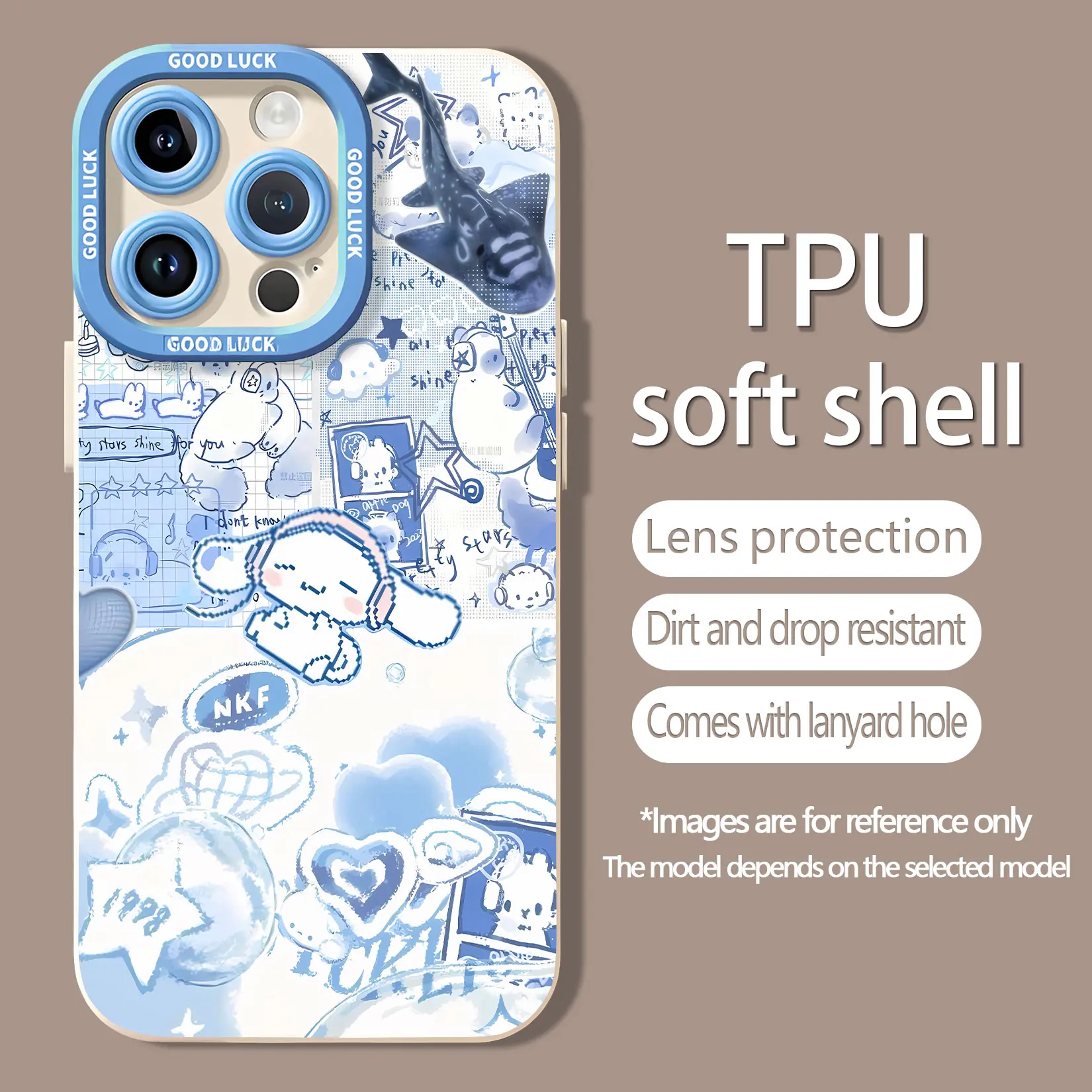 Aesthetic Blue Doodle Cinnamoroll Phone Case. Compatible with iPhone 17 16 15 14 13 12 11 PRO MAX PLUS y Samsung Galaxy. Made of TPU silicone, provides shock‑absorbent and drop‑resistant protection.