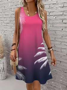 Hawaiian Tropical Print Sleeveless Dress, Women's Beach Vacation Casual Tank Dress, Elegant Unlined Plain Surface Dress