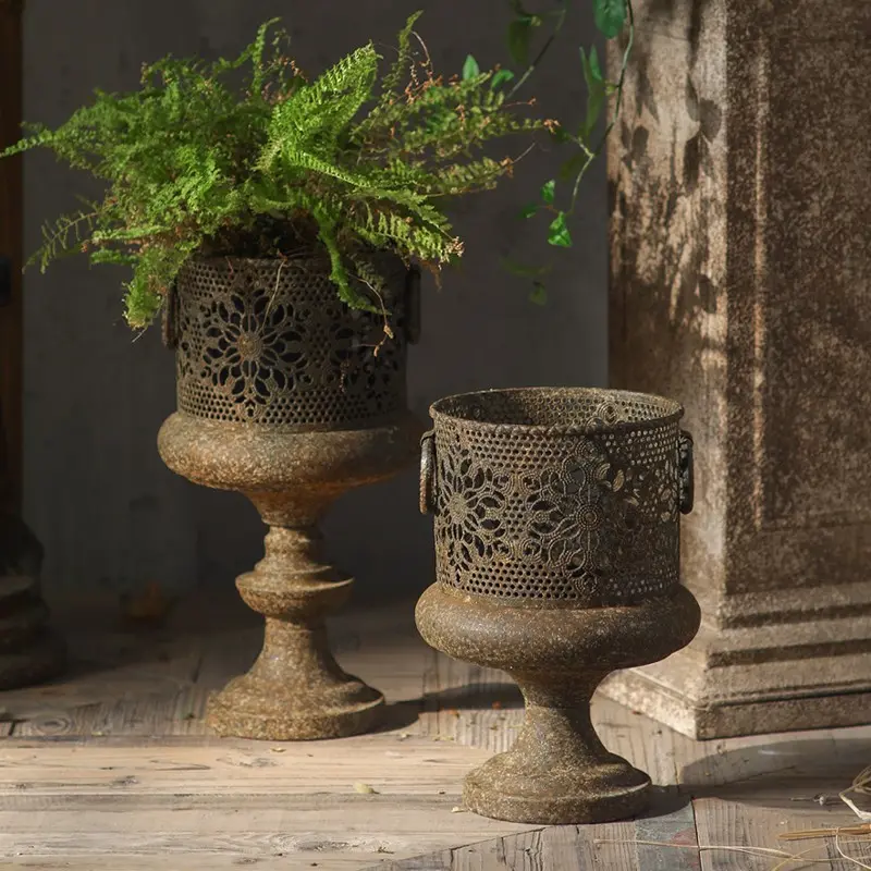 Vintage Distressed Metal Urn Planter, Hollow Floral Pedestal Flower Pot, Rustic Garden Decor, Wedding Table Centerpiece, Home Patio Decor