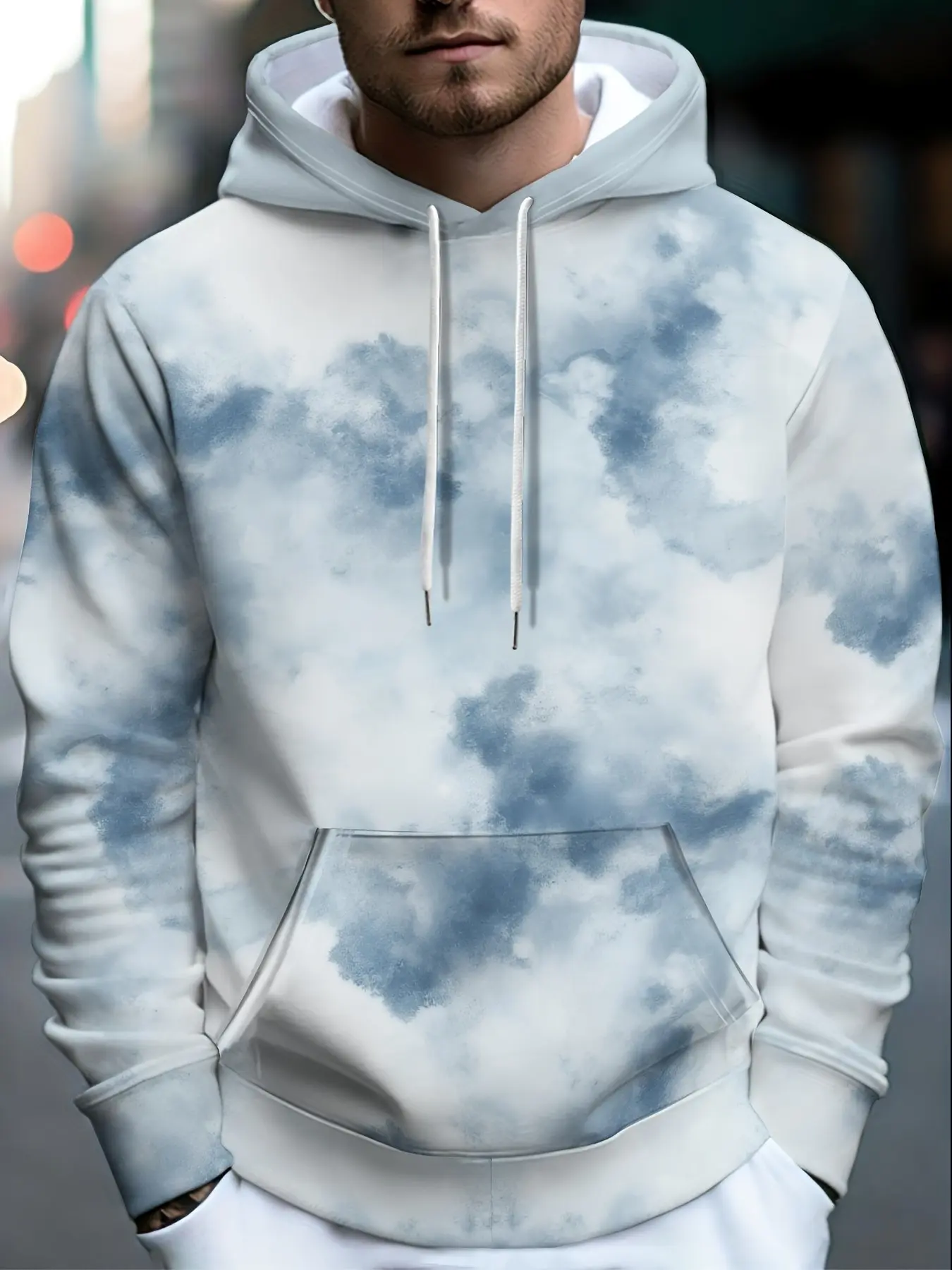 Men's Cloud Pattern Hoodie, Fall Winter Casual Fleece Jacket, Trendy Print Top, Blue Gradient Design, Comfortable Outerwear