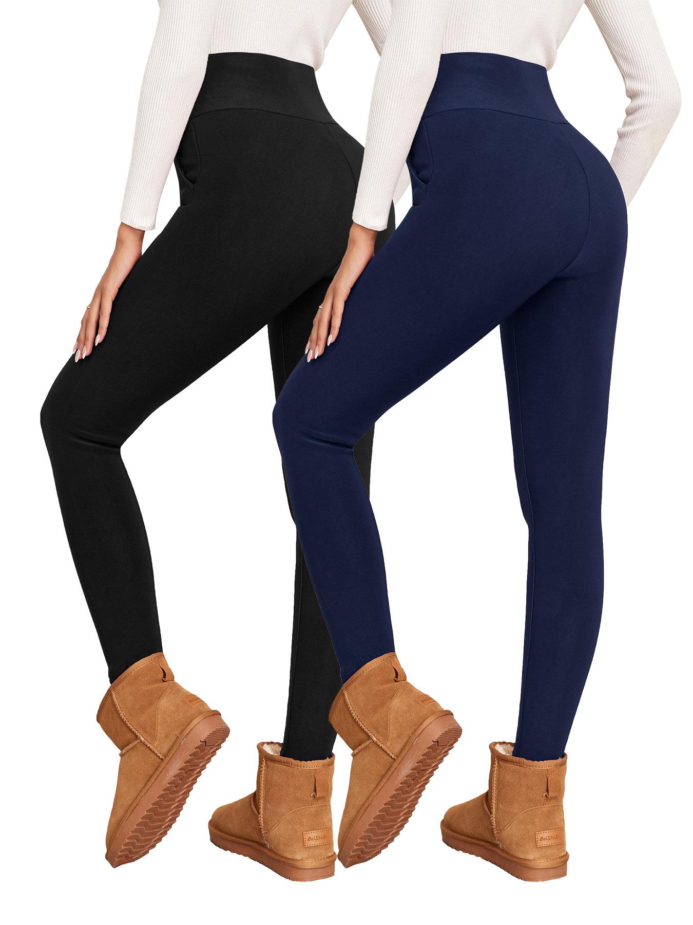 Women's Plain Basic Minimalist Pocket High Waist Thermal Lined Leggings, Casual Comfy Warm Skinny Pants for Everyday Wear, Ladies Bottoms for Winter Womenswear