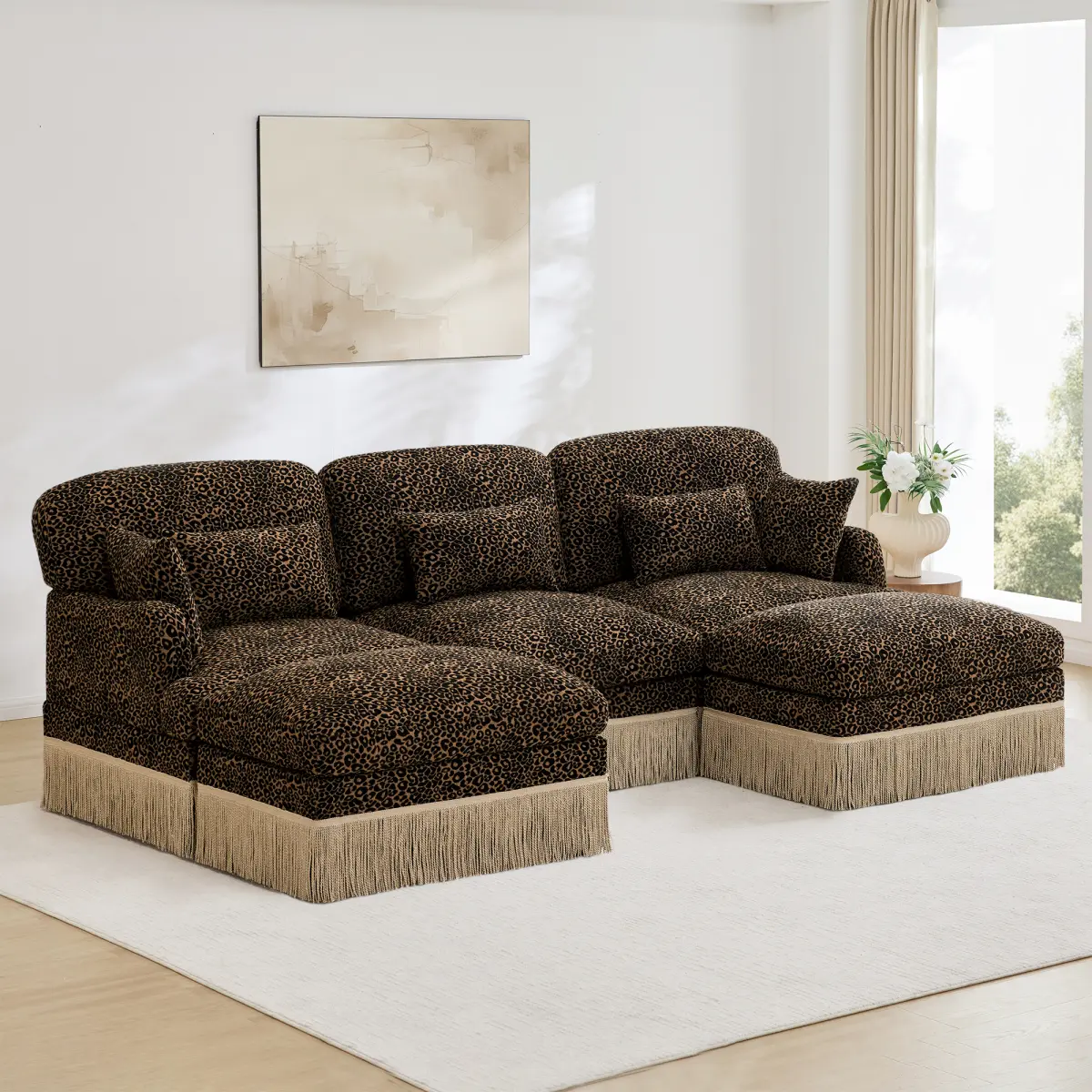 Aobtkel100"Comfy Chenille Leopard Printing U-Shaped Sofa,Delicate Tassel Edge,Movable Ottomans,Modern Fashion Style,Ergonomic Back and Seat Design,Easy Assembly,Deep Seat Design for Living Room,Brown black