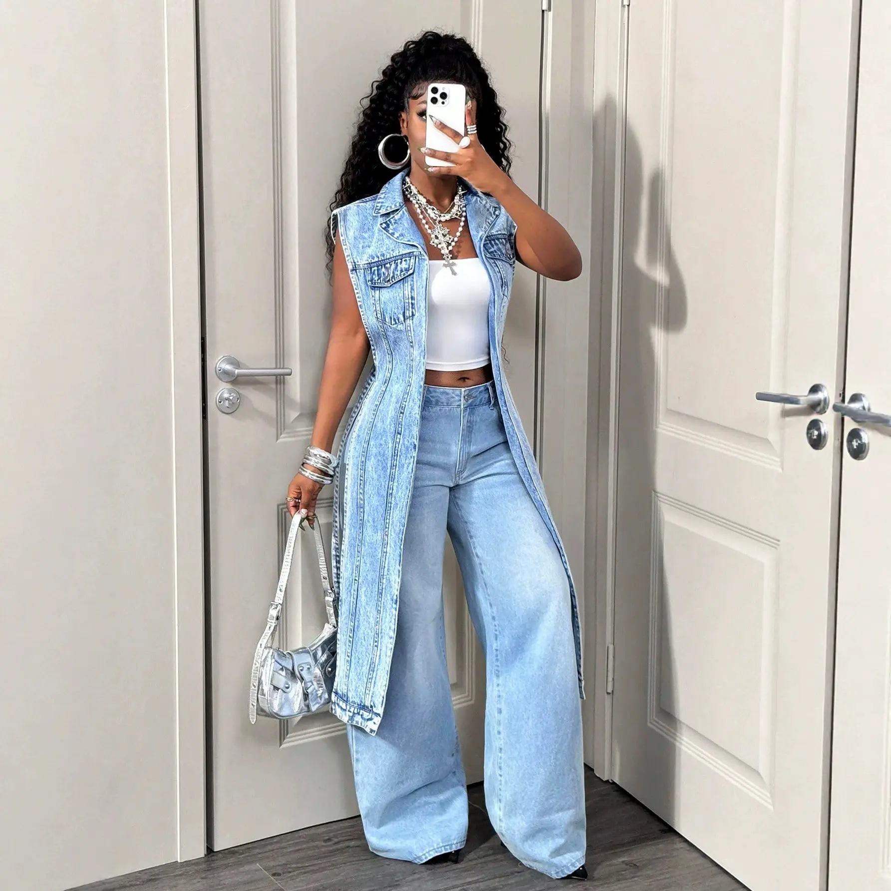 Women's Sleeveless Denim Jacket, Spring & Fall Fashion, Casual Style, Solid Pattern, Trendy Lapel Design, Daily Wear Outerwear