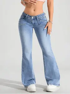 66697# Spring Summer Fashion Light Blue Fitted Slimming Retro Cowgirl Micro Flare Denim Jeans, Casual All-Season Bottom Pants for Women