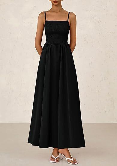 Sleeveless Suspender Solid Color Stitching A-line Beach Vacation Dress Women's Thin Shoulder Pleated Vest Pocket Commuting Dress