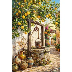 5D Diamond Painting Kit with Tools No Frame Lemon Tree Well Design Crystal Rhinestones DIY Craft for Home Wall Decor Living Room Bedroom Decoration Gift