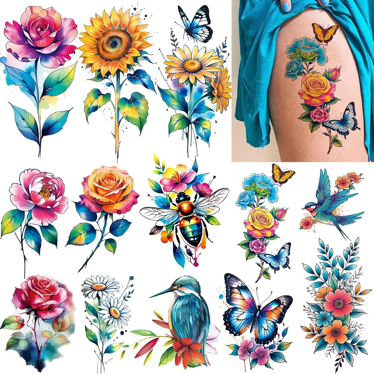 3D Large Watercolor Flower Temporary Tattoos For Women Watercolor Roses Flower Butterfly Sunflower Daisy Tattoos Sticker Girls Adults Waterproof Realistic Arm Body Colourful Tattoos