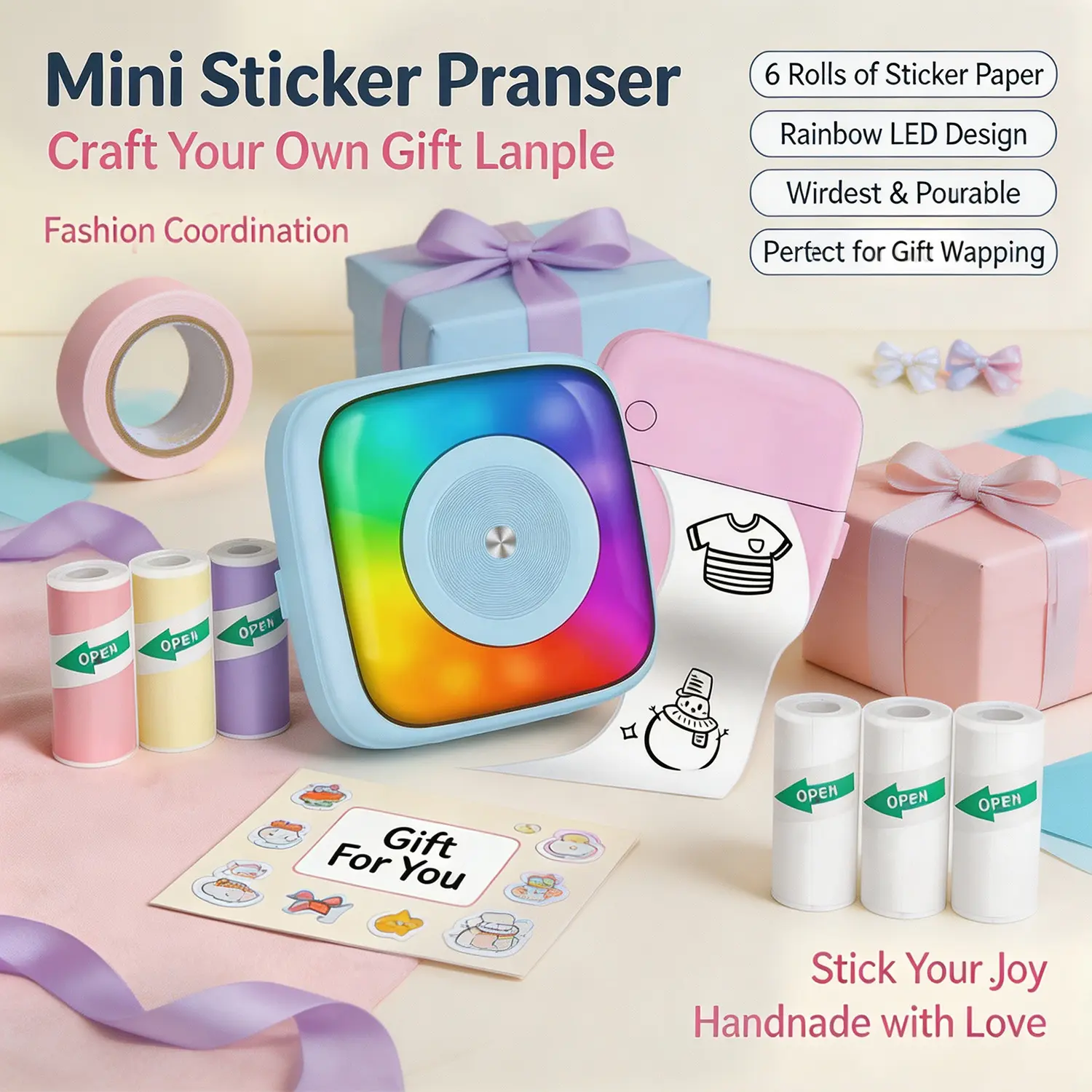 Portable mini thermal printer featuring a colorful gradient light effect; available in pink or blue. Includes 3 rolls of colored and 3 rolls of white thermal paper. Ideal for journaling, study notes, and DIY sticker making. Wireless thermal label printer.
