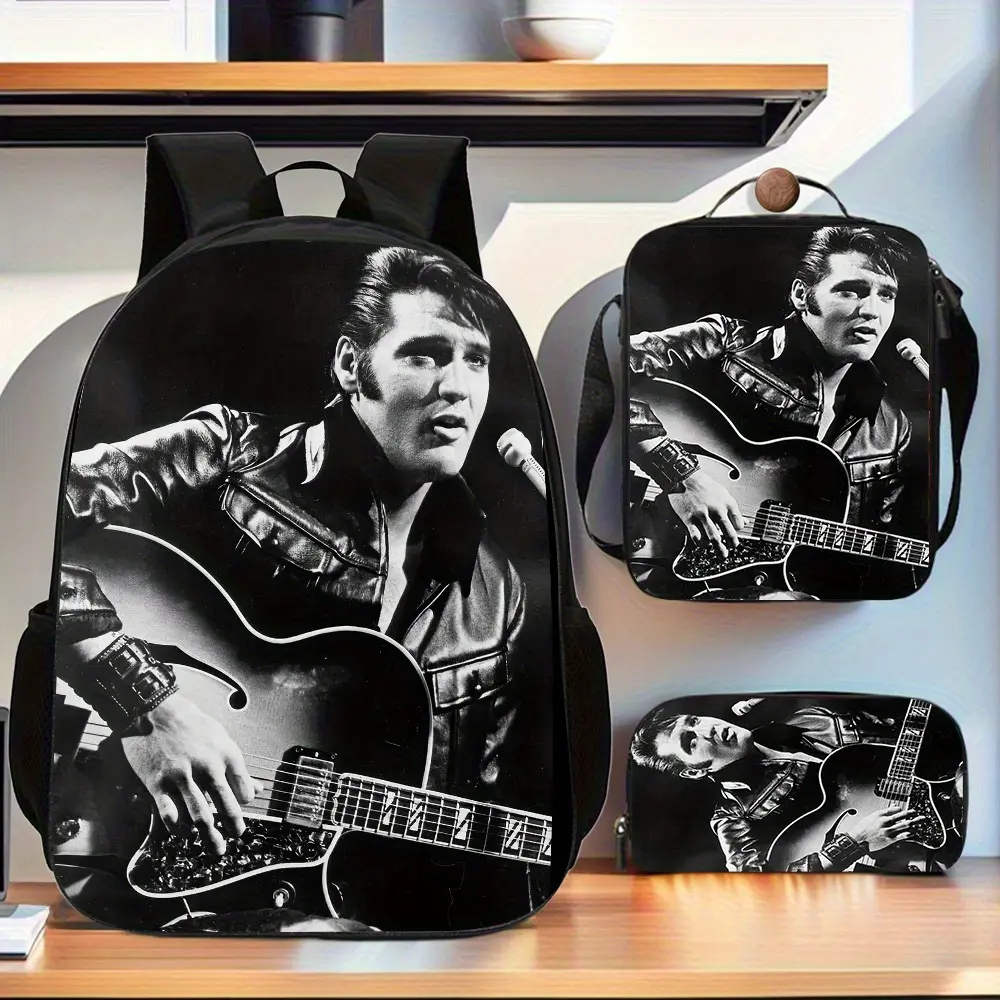 This three-piece music backpack set, inspired by vintage guitars and Elvis Presley motifs, includes a large-capacity backpack, laptop bag, and crossbody bag. It features hand-washable zip closures, adjustable shoulder straps, and a lined design, making it