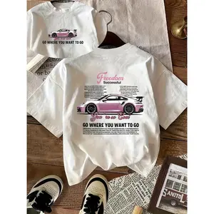 Unisex Street Style Car Print T-Shirt, Women's Loose Fit Crew Neck Top in 220g Cotton, All-Season Wear, Plus Size 2XL