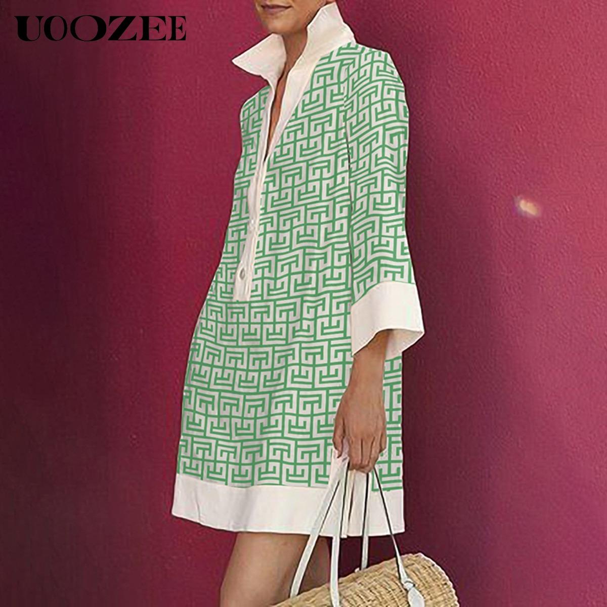 UOOZEE Women's Multicolor Geometric & Printed Lapel Three-Quarter Sleeve Buttoned Collared Mini Dress Casual Summer Shirt Style Stylish Design, No Stretch Daily Multi-Occasion Wear Shirt Mini Dress