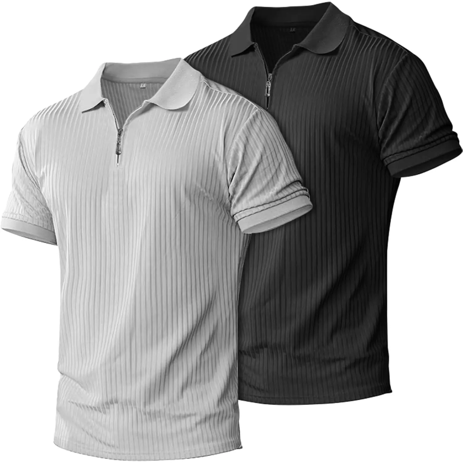 2 Pack Mens 1/4 Zipper Muscle Polo Shirts Slim Fit Collared Shirt Short Sleeve Ribbed Knit Fitted Casual Athletic Tee