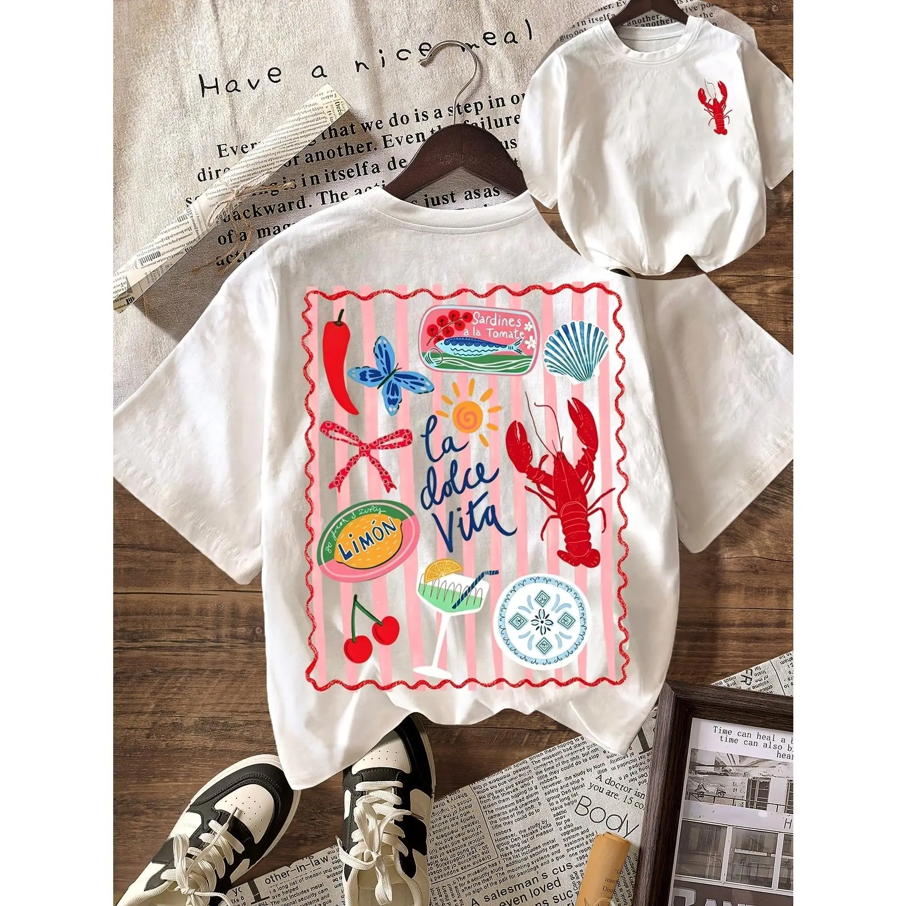 Women Summer Oversized Casual Short Sleeve T Shirt Cute Lobster Seafood Cocktail Cherry Sun Print Crew Neck Soft Comfortable Top for Beach Vacation Daily Wear