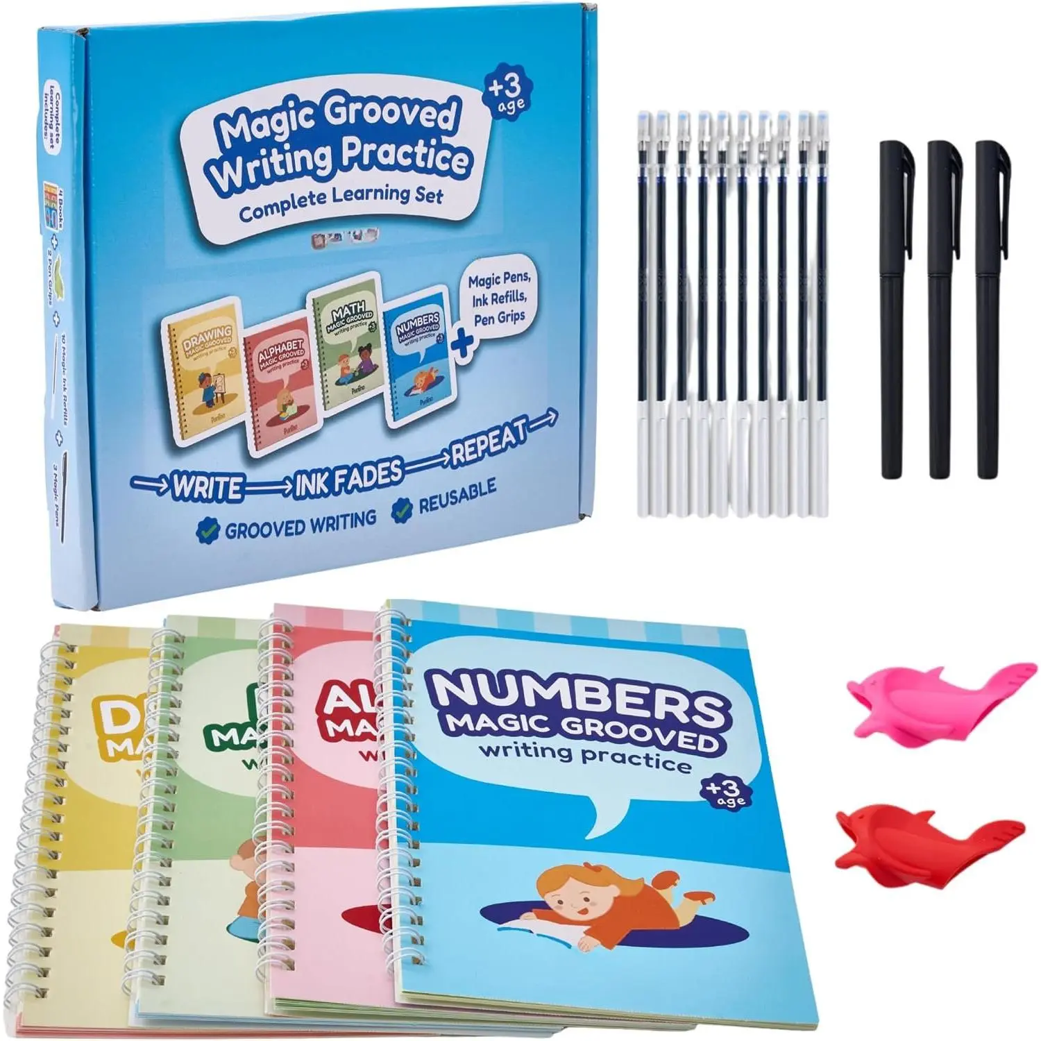 Magic Grooved Writing Practice Book for  Ages 3-5 —  Indented Handwriting Workbook Set with Disappearing Ink Pen,  Letter Tracing