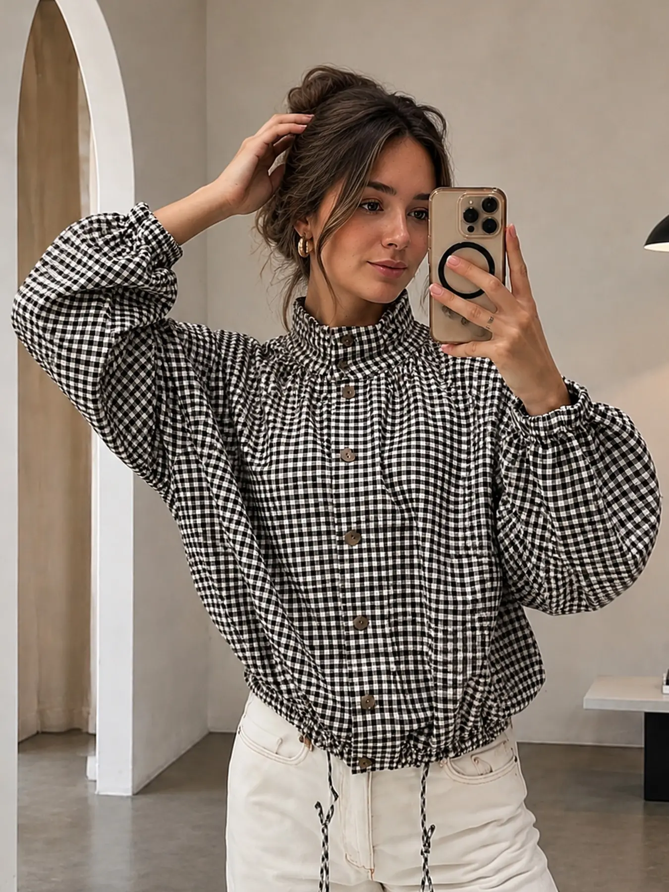 Plaid Bomber Jacket Women Button Up Oversized Cropped Coat Vintage Long Sleeve Tops Autumn Outerwear Streetwear Trendy Fashion Drawstring Hem Checked Pilot Jacket