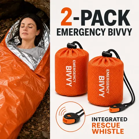 2-Pack Emergency Bivy Bags with Integrated Rescue Whistle, PE Thermal Survival Bags, Lightweight Heat-Reflective Shelter for Camping, Hiking, Backpacking, Lightweight Survival Equipment