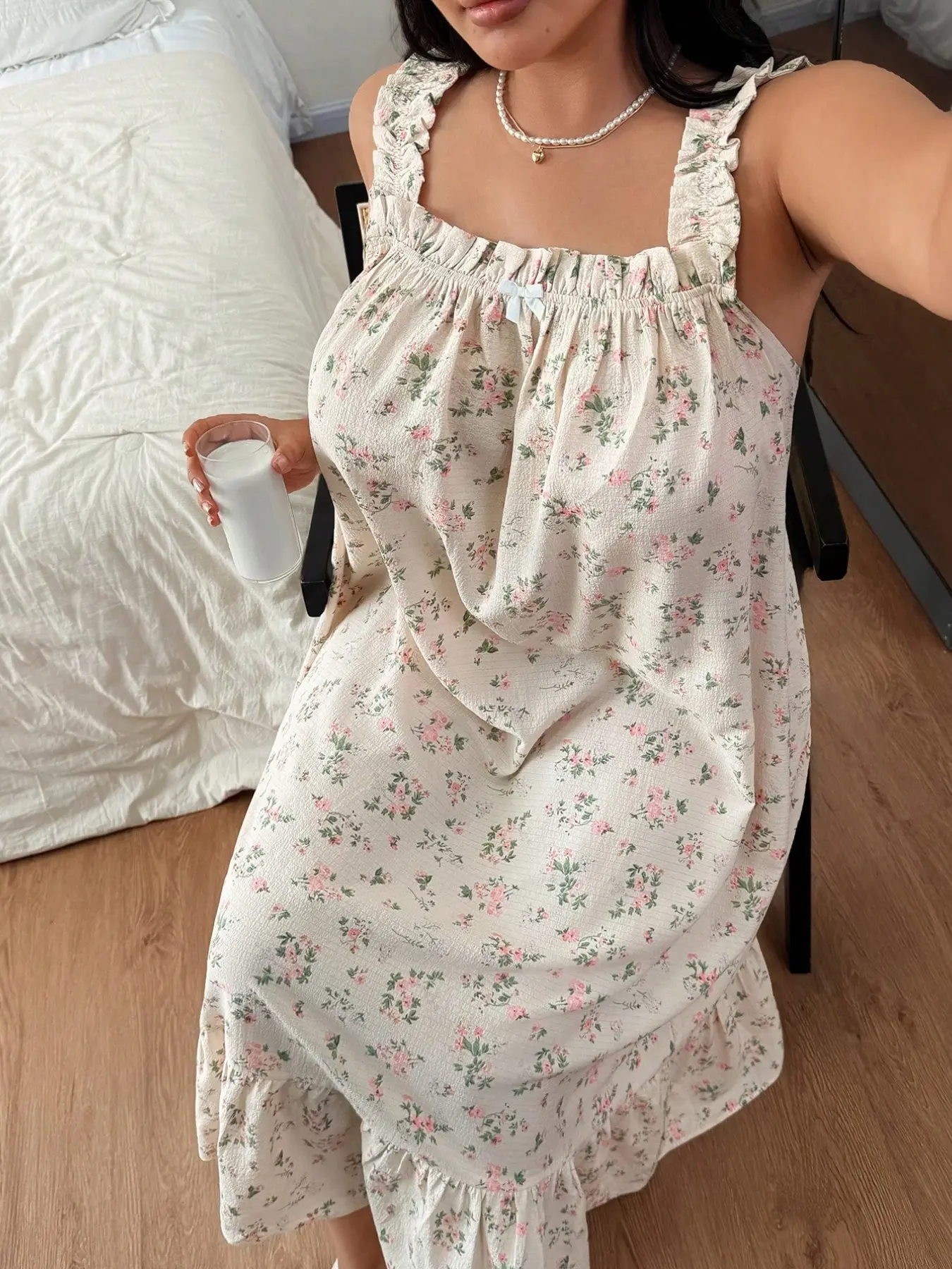 Women Ditsy Floral Print Ruffle Shoulder Strap Tiered Midi Dress, Loose Flowy Swing Casual Cottagecore Sundress for Summer Daily Wear