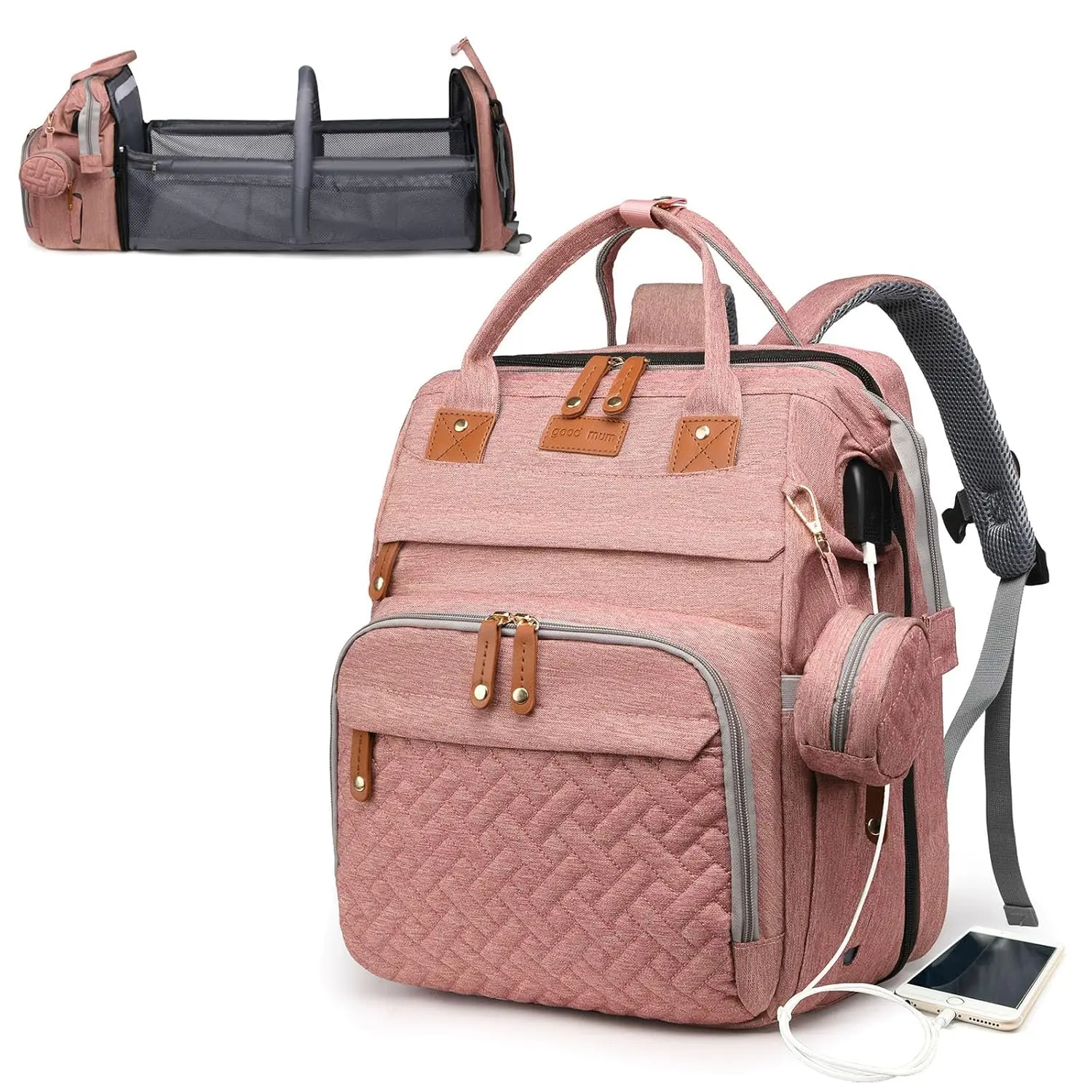 Baby Diaper Bag Backpack with Changing Station, Large Capacity Waterproof Diaper Bag for Moms & Dads – USB Charging Port, Multifunctional Travel Baby Bag | Baby Shower Gift for New Parents, Pink